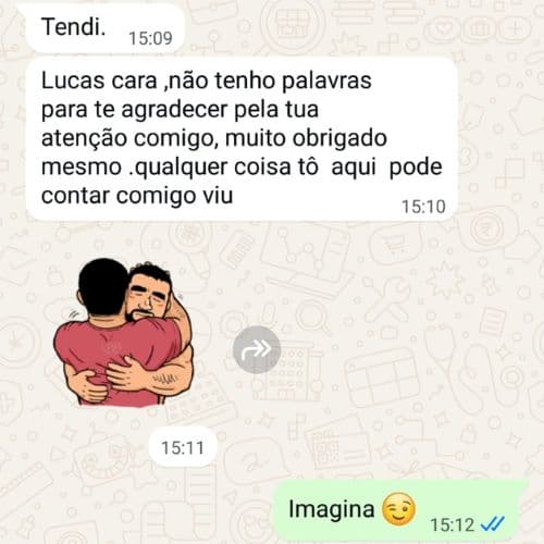 Print de conversa de WhatsApp com um cliente agradecendo o atendimento da Hitner, nome e foto removidos
