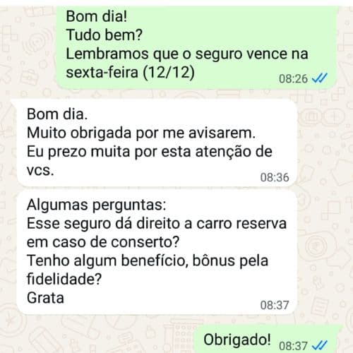 Print de conversa de WhatsApp com um cliente agradecendo o atendimento da Hitner, nome e foto removidos
