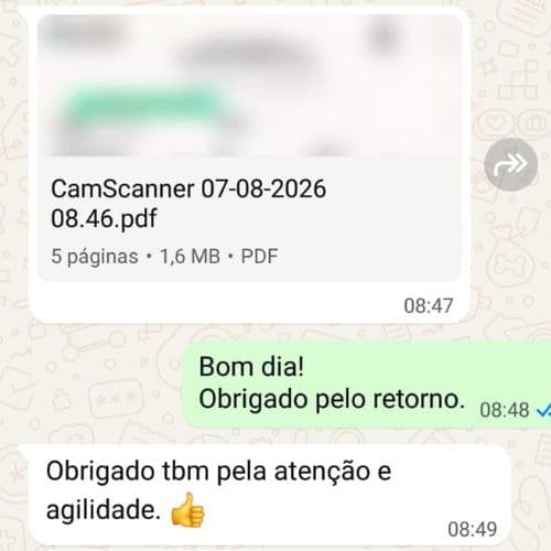 Print de conversa de WhatsApp com um cliente agradecendo o atendimento da Hitner, nome e foto removidos
